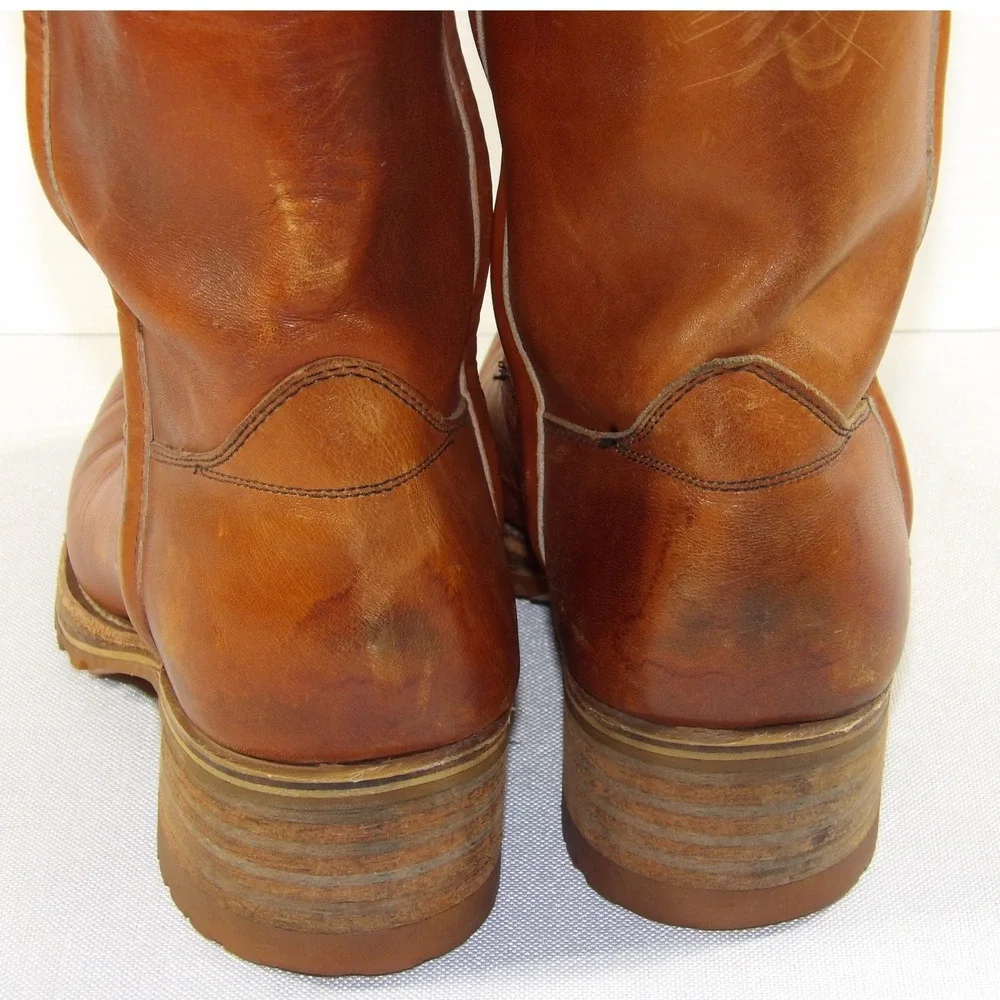 Vintage Tall Leather Pull On Boots Mens 8.5 Tan Good Vibram Lug Sole Work Moto